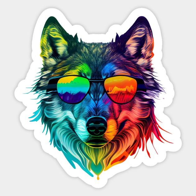 Stylized Wolf Head with Rainbow Colors Sticker by PixelProphets